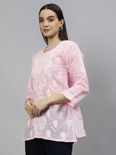 Seva Chikan Hand Embroidered Lucknowi Chikankari Pink Terivoil Cotton Women's Short Top Tunic (Pink)