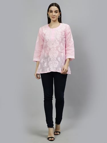 Seva Chikan Hand Embroidered Lucknowi Chikankari Pink Terivoil Cotton Women's Short Top Tunic (Pink)