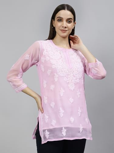 Seva Chikan Hand Embroidered Lucknowi Chikankari Pink Georgette Women's Short Top Tunic with Slip (Pink)