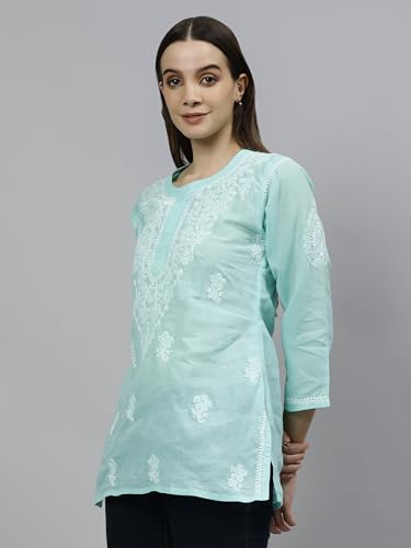 Seva Chikan Hand Embroidered Lucknowi Chikankari Sea Green Terivoil Cotton Women's Short Top Tunic (Sea Green)