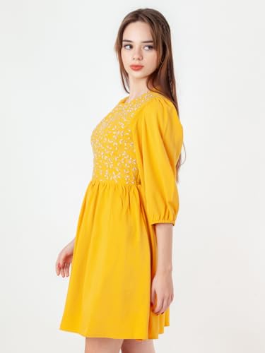 Zink London Women's Yellow Embroidered Flared Short Dress