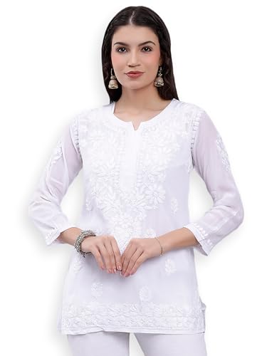 Seva Chikan Hand Embroidered White Crepe Lucknowi Chikankari Top with Inner (White)