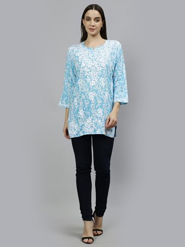 Seva Chikan Hand Embroidered Lucknowi Chikankari Blue Cotton Women's Printed Short Top Tunic (Blue)