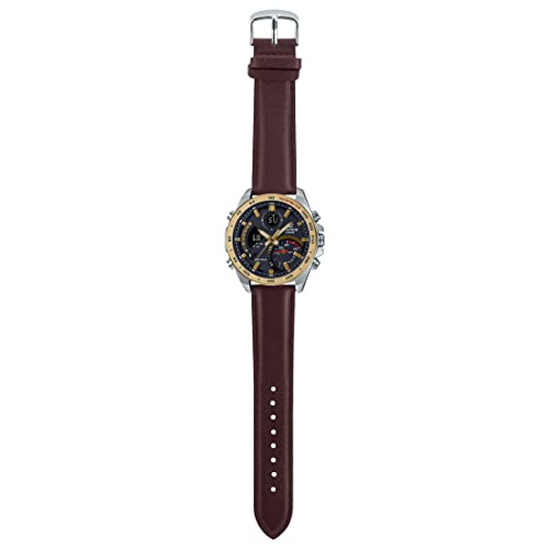 Casio Edifice Analog-Digital Gold Dial Men ECB-900GL-1ADR (EX530) Genuine Leather Watch, Brown Strap
