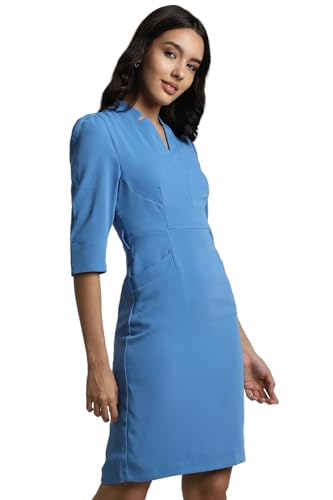 Allen Solly Women's Polyester Shift Mid-Thigh Length Dress (Blue)