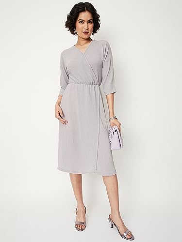 Max Women's Polyester Blend Wrap Below The Knee Dress (Lilac)