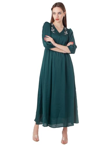 Zink London Women's Green Embroidered Flared Maxi Dress