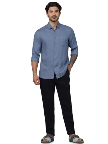 Celio Men Navy Blue Solid Regular Fit Linen Casual Trousers (3596655907957, Blue, 38)
