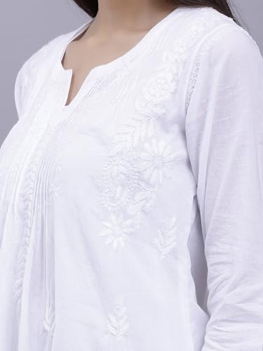 Seva Chikan Hand Embroidered White Cotton Lucknowi Chikankari Top (White)