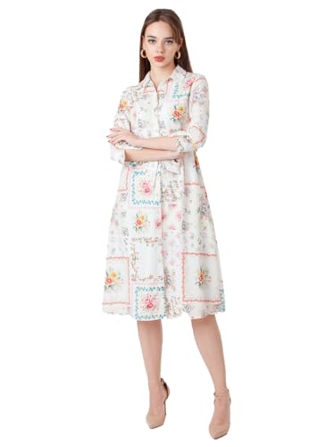 Zink London Women's White Printed A-Line Midi Dress