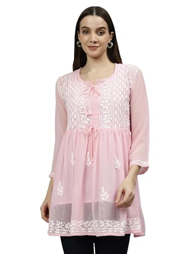 Seva Chikan Hand Embroidered Lucknowi Chikankari Pink Georgette Women's A-line Short Top with Slip (Pink)