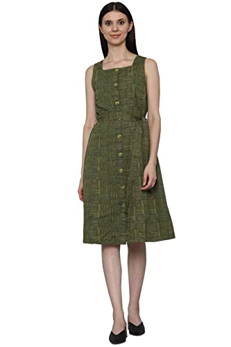 Allen Solly Women's Cotton Blend A-Line Below The Knee Dress (Olive)