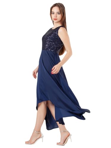 Zink London Women's Navy Blue Embellished Flared Maxi Dress