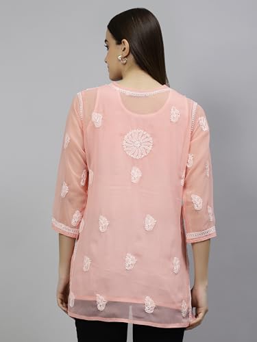 Seva Chikan Hand Embroidered Lucknowi Chikankari Peach Georgette Women's Short Top Tunic with Slip (Peach)