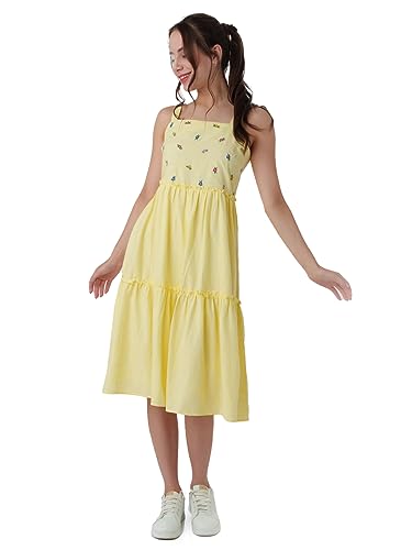 Zink London Women's Yellow Embroidered A-Line Midi Dress