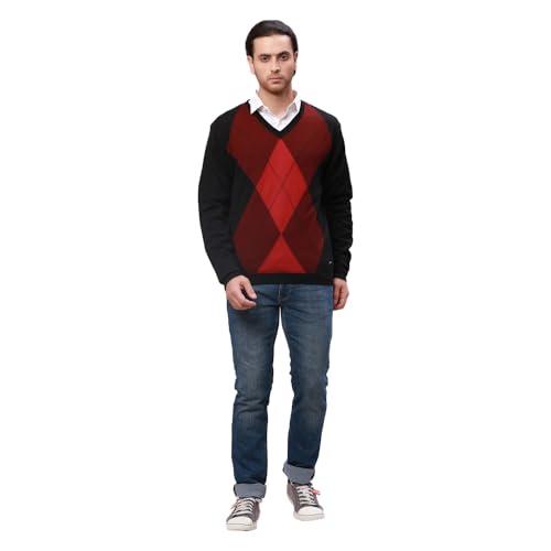 Park Avenue Men's Regular Fit Acrylic Wool Blended Argyle Pattern V Neck Full Sleeve Casual Sweater (Size: 85)-PCWA00266-R8 Dark Red
