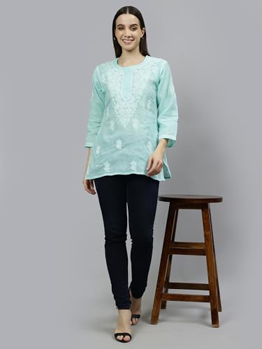 Seva Chikan Hand Embroidered Lucknowi Chikankari Sea Green Terivoil Cotton Women's Short Top Tunic (Sea Green)