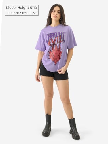 The Souled Store Official Dungeons and Dragons: Chaotic Evil Women and Girls Short Sleeve Round Neck Purple Graphic Printed Cotton Oversized