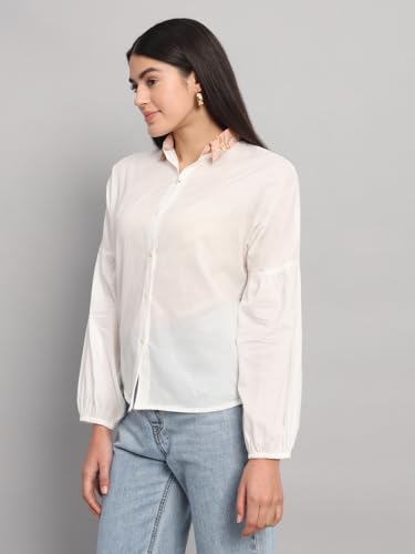 Ravaiyaa - Attitude is everything Women's Solid Full Sleeves 100% Cotton White Plain Shirt with Printed Spread Collar Neck Shirt for Womens/Girls (White Pink)