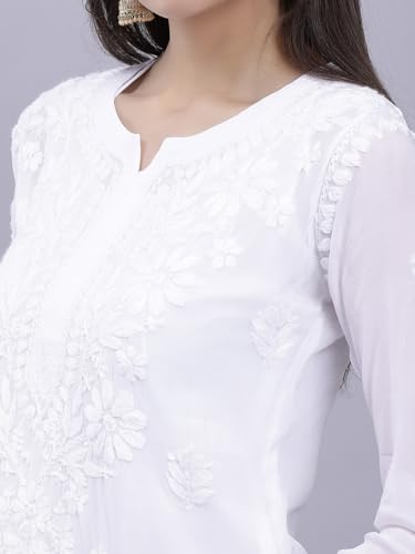 Seva Chikan Hand Embroidered White Crepe Lucknowi Chikankari Top with Inner (White)