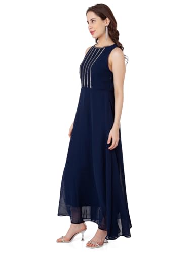 Zink London Women's Blue Embroidered Flared Maxi Dress