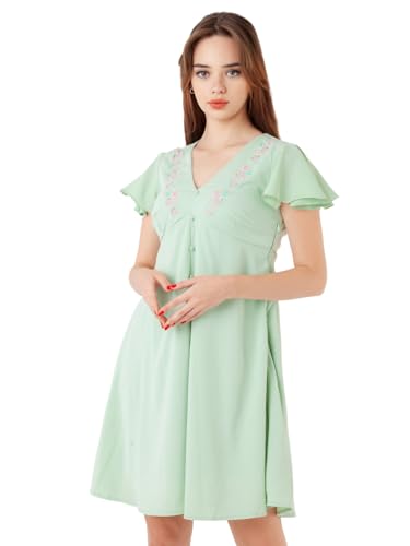 Zink London Women's Green Embroidered Flared Short Dress