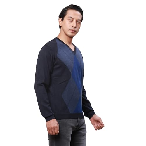 Park Avenue Men's Regular Fit Acrylic Wool Blended Argyle Pattern V Neck Full Sleeve Casual Sweater (Size: 85)-PCWA00266-B8 Dark Blue