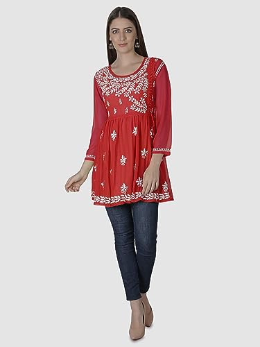 Seva Chikan Hand Embroidered Lucknowi Chikankari Red Georgette Women Short Top & Tunic with Inner Slip (Red)