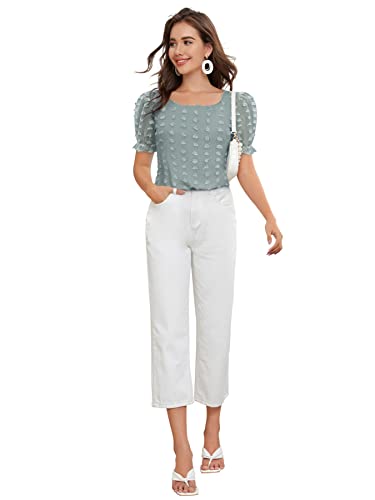 KERI PERRY Women's Dobby Pattern Western Georgette Top (Sea Green) Tops for Women, Puff Sleeve Tops