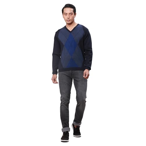 Park Avenue Men's Regular Fit Acrylic Wool Blended Argyle Pattern V Neck Full Sleeve Casual Sweater (Size: 85)-PCWA00266-B8 Dark Blue