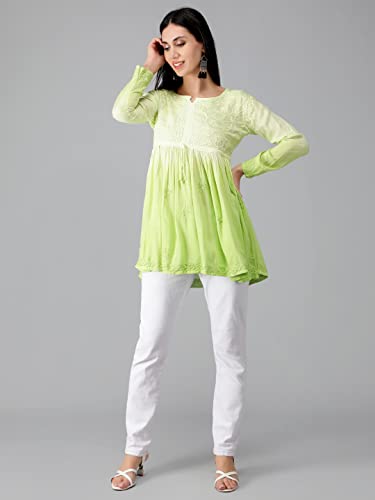 Seva Chikan Hand Embroidered Lucknowi Chikankari Lime Green Rayon Cotton Short A-line Top Tunic for Women (Lime Green)