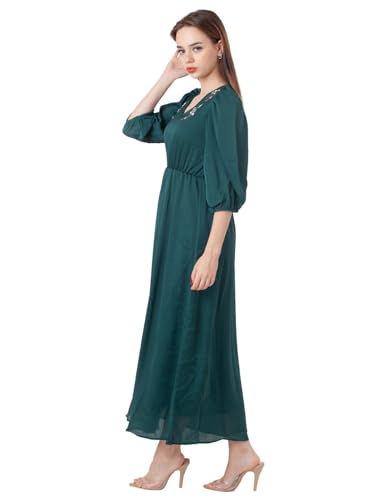 Zink London Women's Green Embroidered Flared Maxi Dress