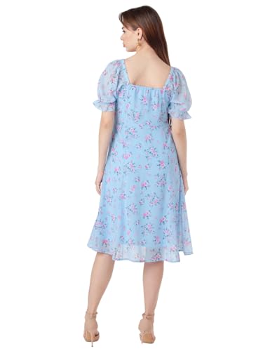 Zink London Women's Sky Blue Printed A-Line Midi Dress