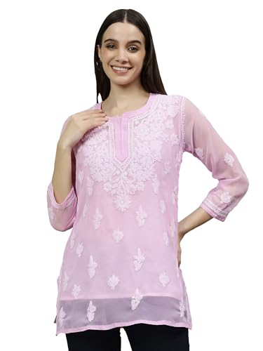 Seva Chikan Hand Embroidered Lucknowi Chikankari Pink Georgette Women's Short Top Tunic with Slip (Pink)