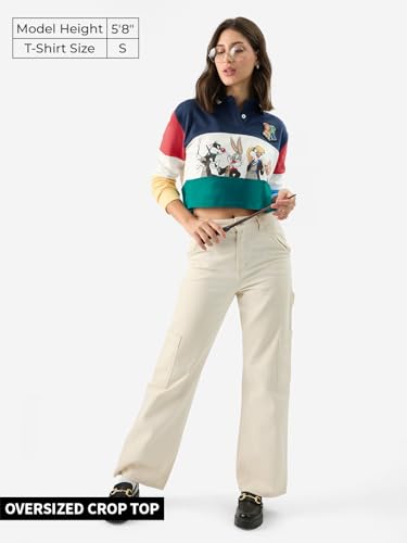 The Souled Store Official Warner 100: The Gang Women and Girls Long Sleeve Collared Neck Graphic Printed Oversized Fit Cropped Rugby Polos Multicolour