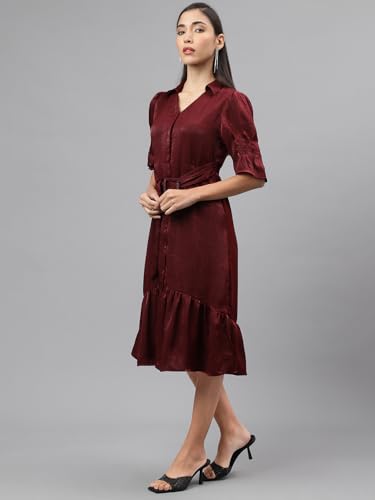 Latin Quarters Women Maroon Half Sleeve Collar Neck Women Shirt Dress