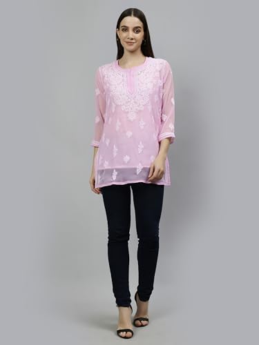 Seva Chikan Hand Embroidered Lucknowi Chikankari Pink Georgette Women's Short Top Tunic with Slip (Pink)