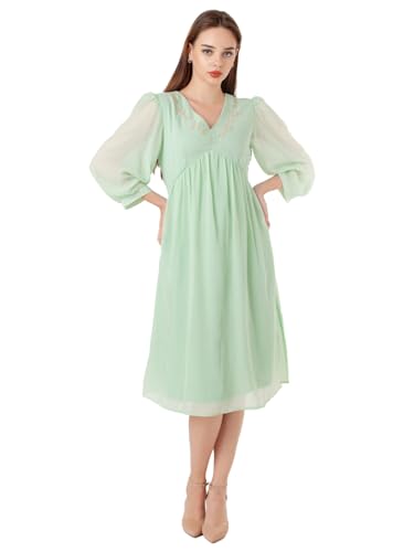 Zink London Women's Green Embroidered Flared Midi Dress