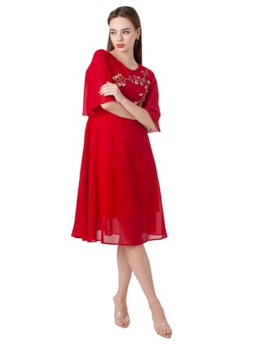 Zink London Women's Red Embroidered Flared Midi Dress