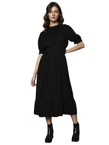 VERO MODA Women's Viscose Fit and Flare Midi Dress (Jet Black)