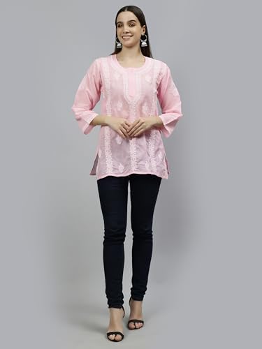 Seva Chikan Hand Embroidered Lucknowi Chikankari Pink Terivoil Cotton Women's Short Top Tunic (Pink)