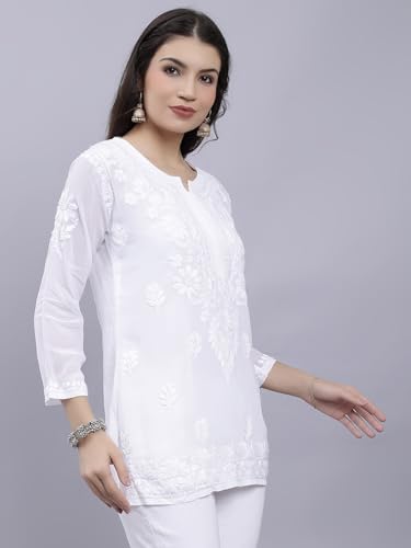 Seva Chikan Hand Embroidered White Crepe Lucknowi Chikankari Top with Inner (White)