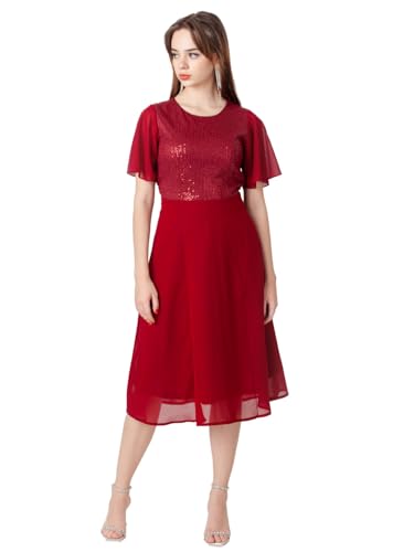 Zink London Women's Maroon Embellished Flared Midi Dress