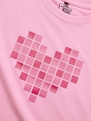 The Souled Store in A Heart Beat Women and Girls Round Neck Short Sleeve Pink Printed Cotton Oversized Cropped T-Shirts