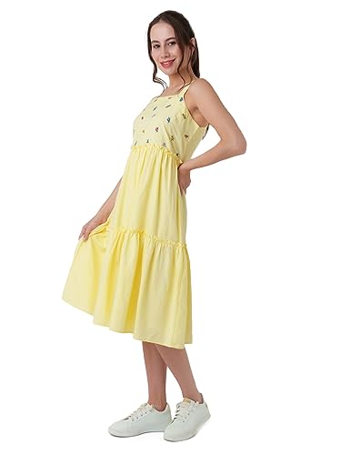 Zink London Women's Yellow Embroidered A-Line Midi Dress