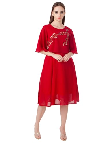 Zink London Women's Red Embroidered Flared Midi Dress