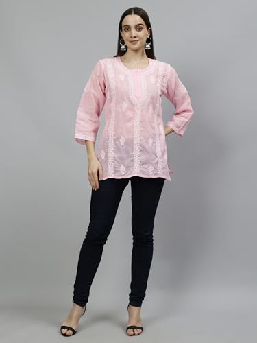 Seva Chikan Hand Embroidered Lucknowi Chikankari Pink Terivoil Cotton Women's Short Top Tunic (Pink)