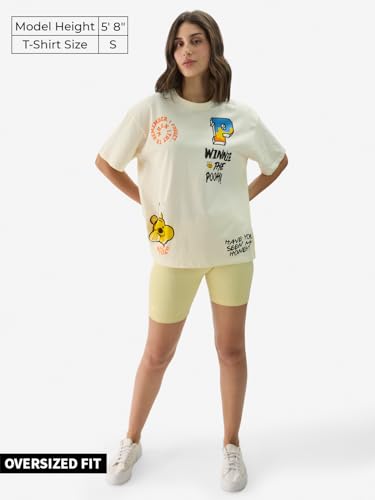 The Souled Store Disney: Winnie The Pooh Displacement Women and Girls Short Sleeve Round Neck Off White Graphic Print Oversized Fit T-Shirts