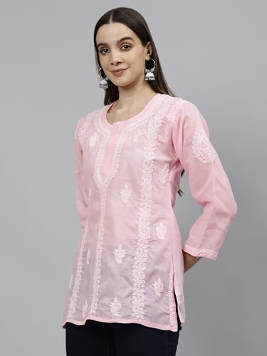 Seva Chikan Hand Embroidered Lucknowi Chikankari Pink Terivoil Cotton Women's Short Top Tunic (Pink)