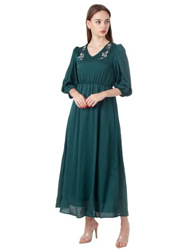 Zink London Women's Green Embroidered Flared Maxi Dress